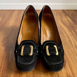 Ferragamo Suede Heels with Gold Hardware